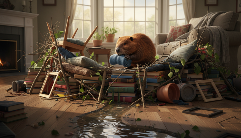 découvrez comment un castor rescapé transforme ingénieusement un salon en barrage en utilisant des objets du quotidien, mêlant créativité et aventure dans un décor surprenant.